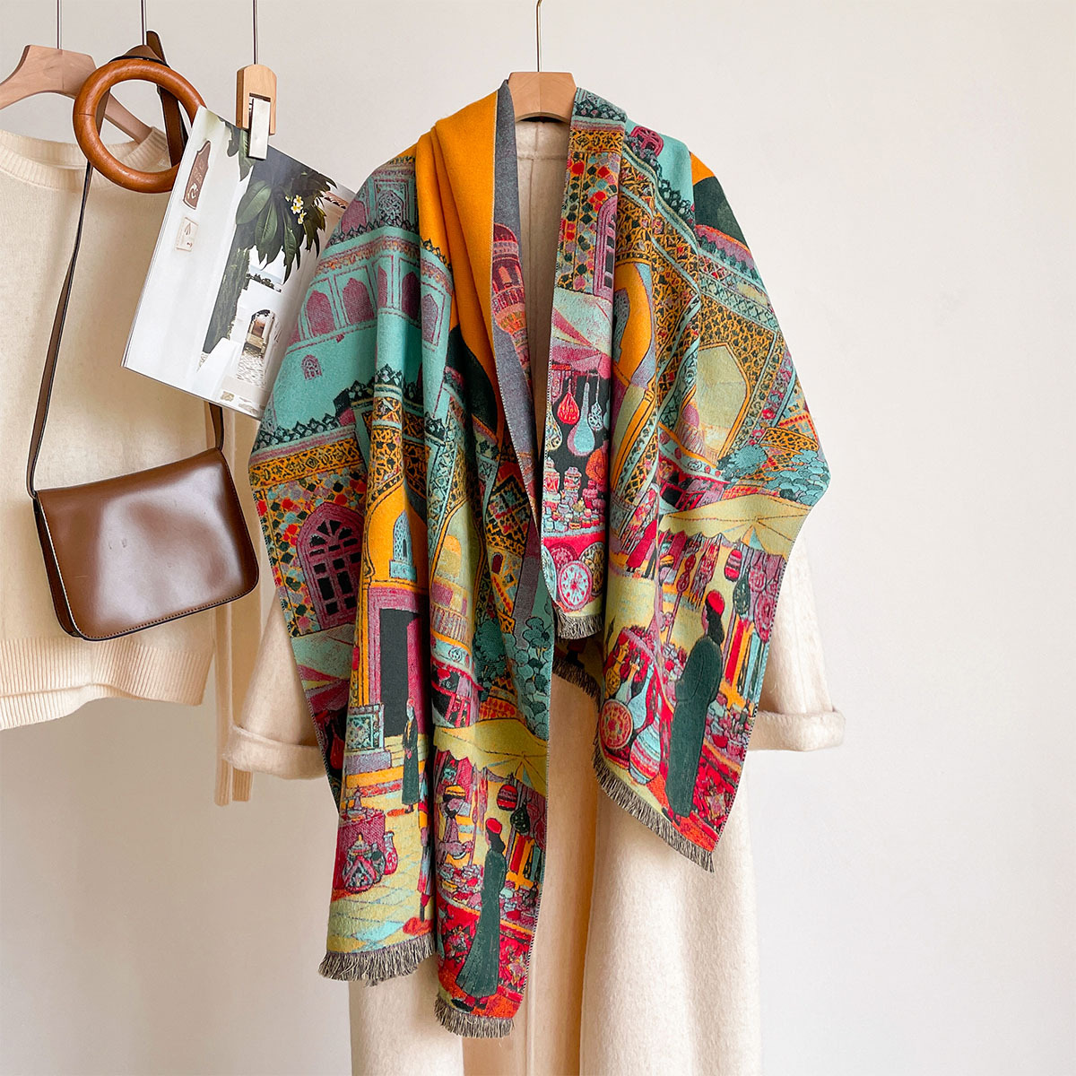 Woven Scarf Blanket - 여성용 인조 캐시미어 스카프 양면 스카프